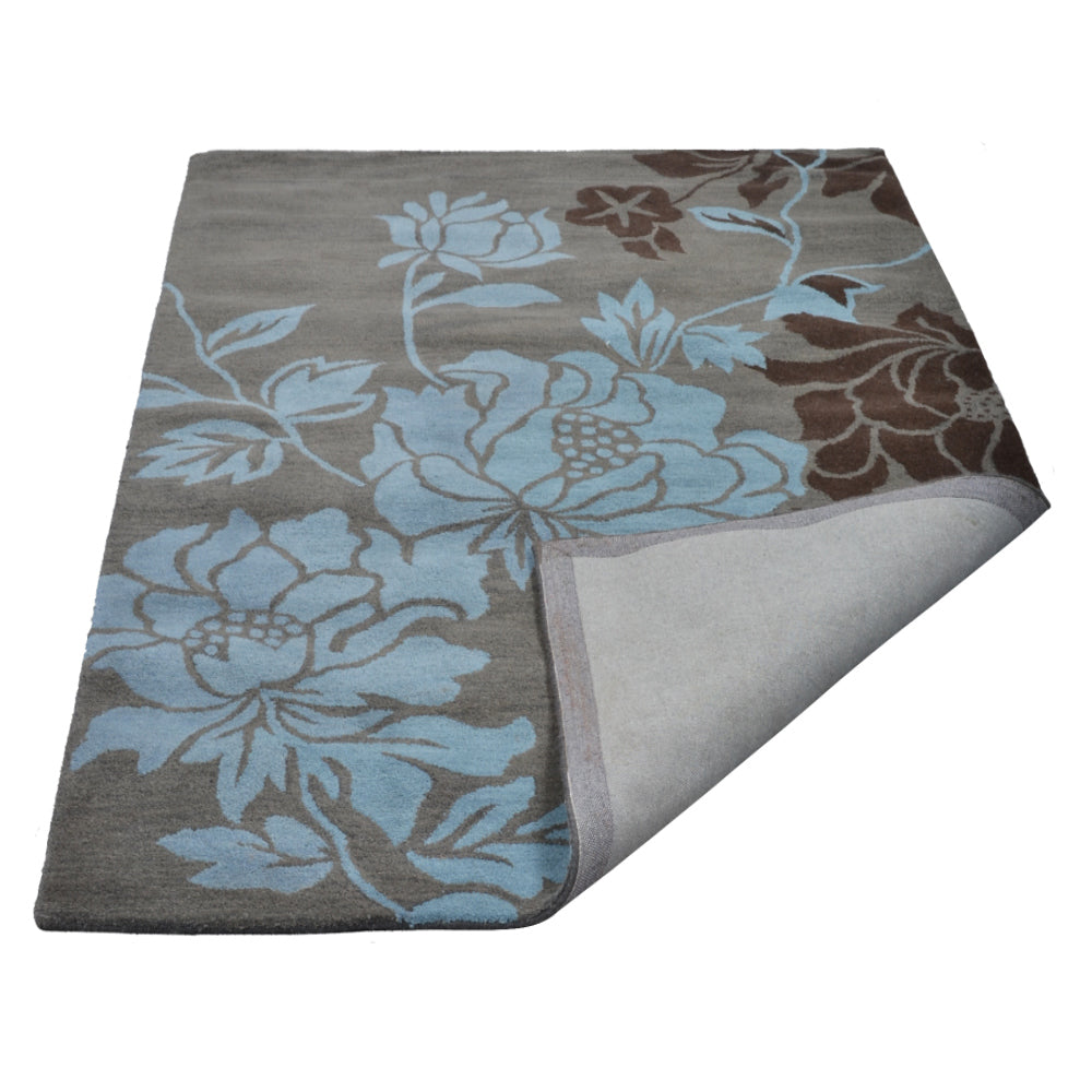 Hand Tufted Wool Area Rug Floral Gray Blue K00514