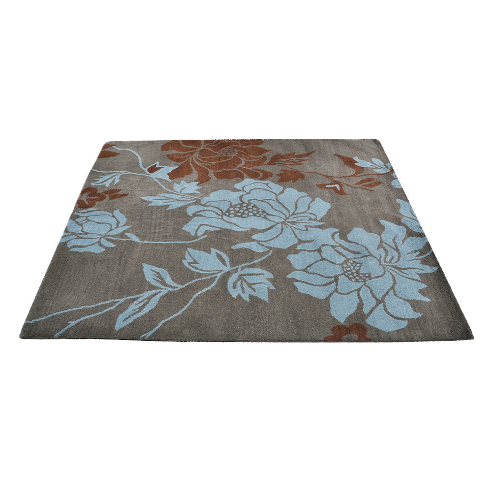 Hand Tufted Wool Area Rug Floral Gray Blue K00514