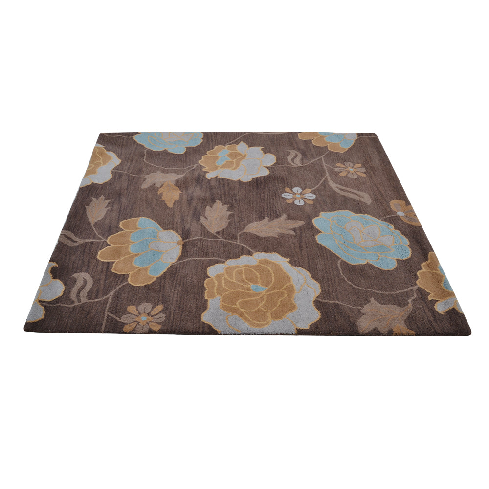 Hand Tufted Wool Area Rug Floral Brown K00518