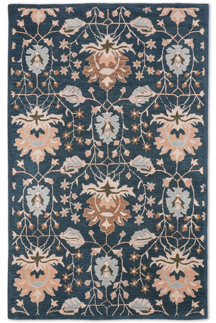 Hand Tufted Wool Area Rug Floral Blue K00522