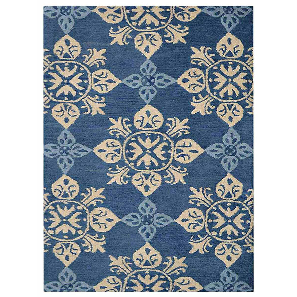Hand Tufted Wool Area Rug Floral Blue K00661