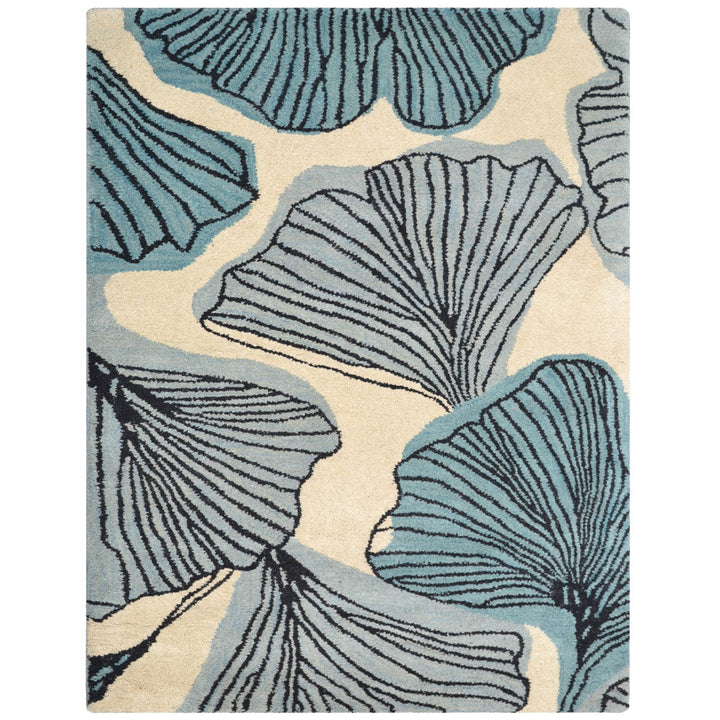 Hand Tufted Wool Area Rug Floral Cream Blue K00662