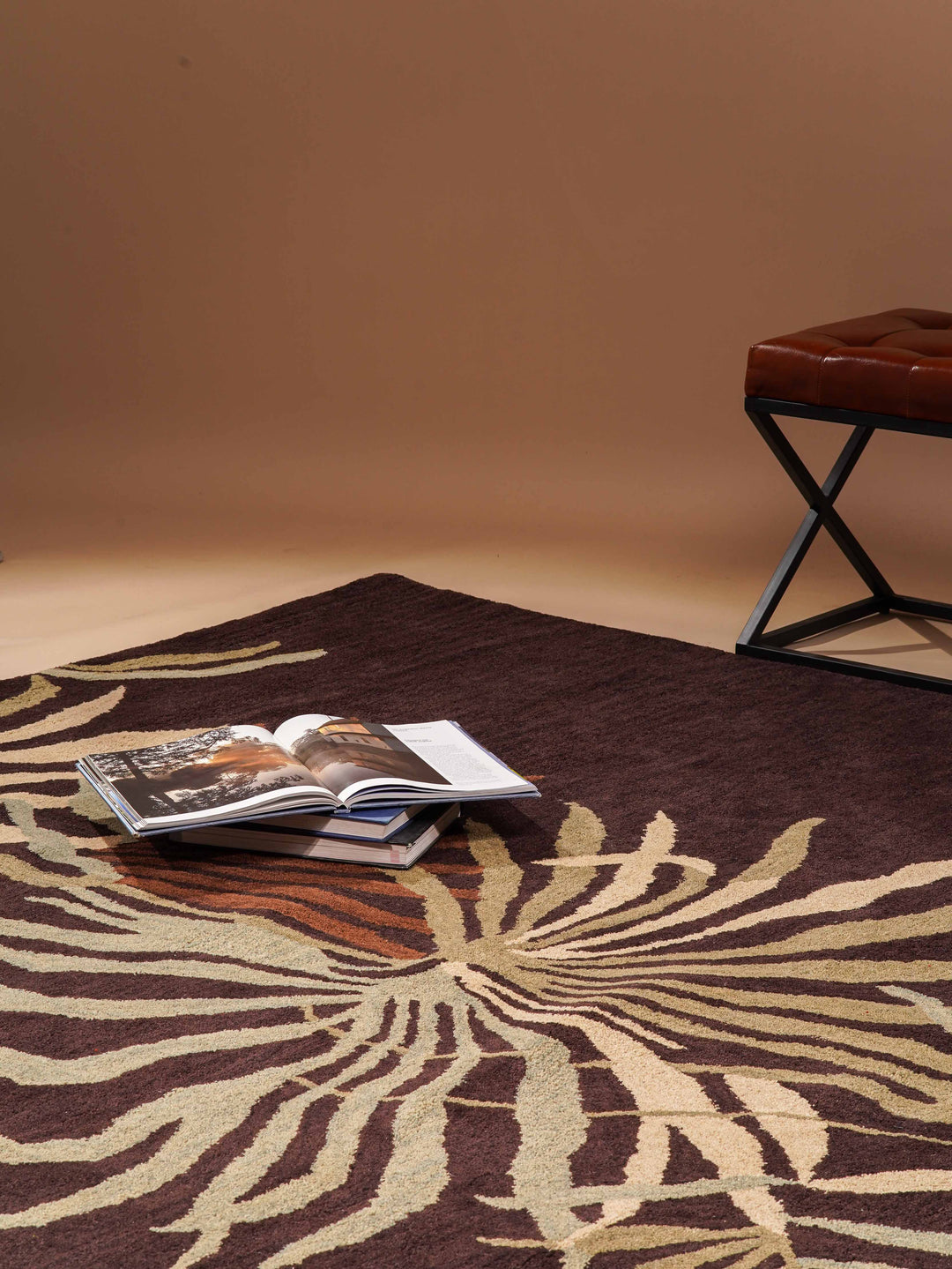 Hand Tufted Wool Area Rug Floral Brown K00666