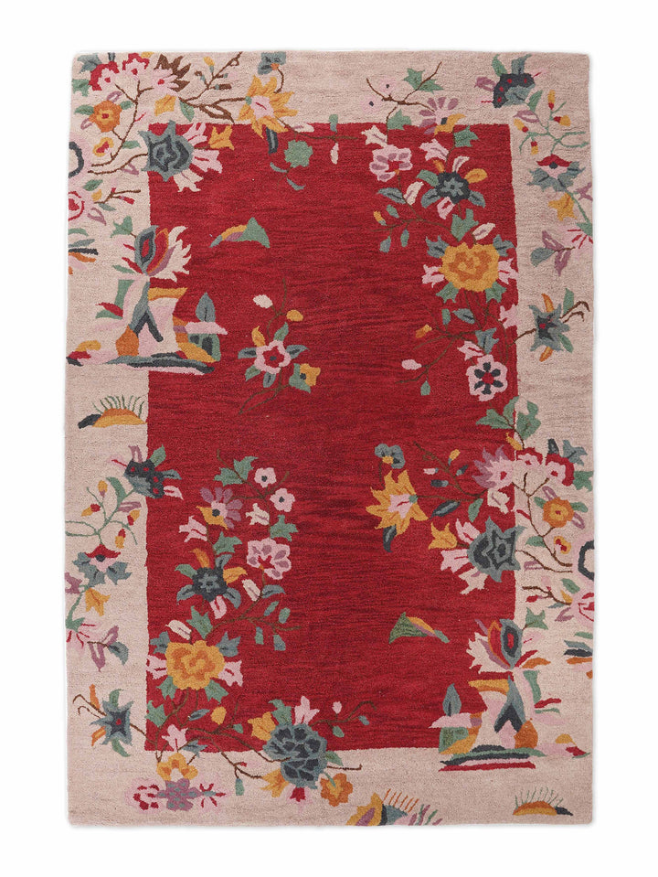 Hand Tufted Wool Area Rug Floral Red Camel K00685