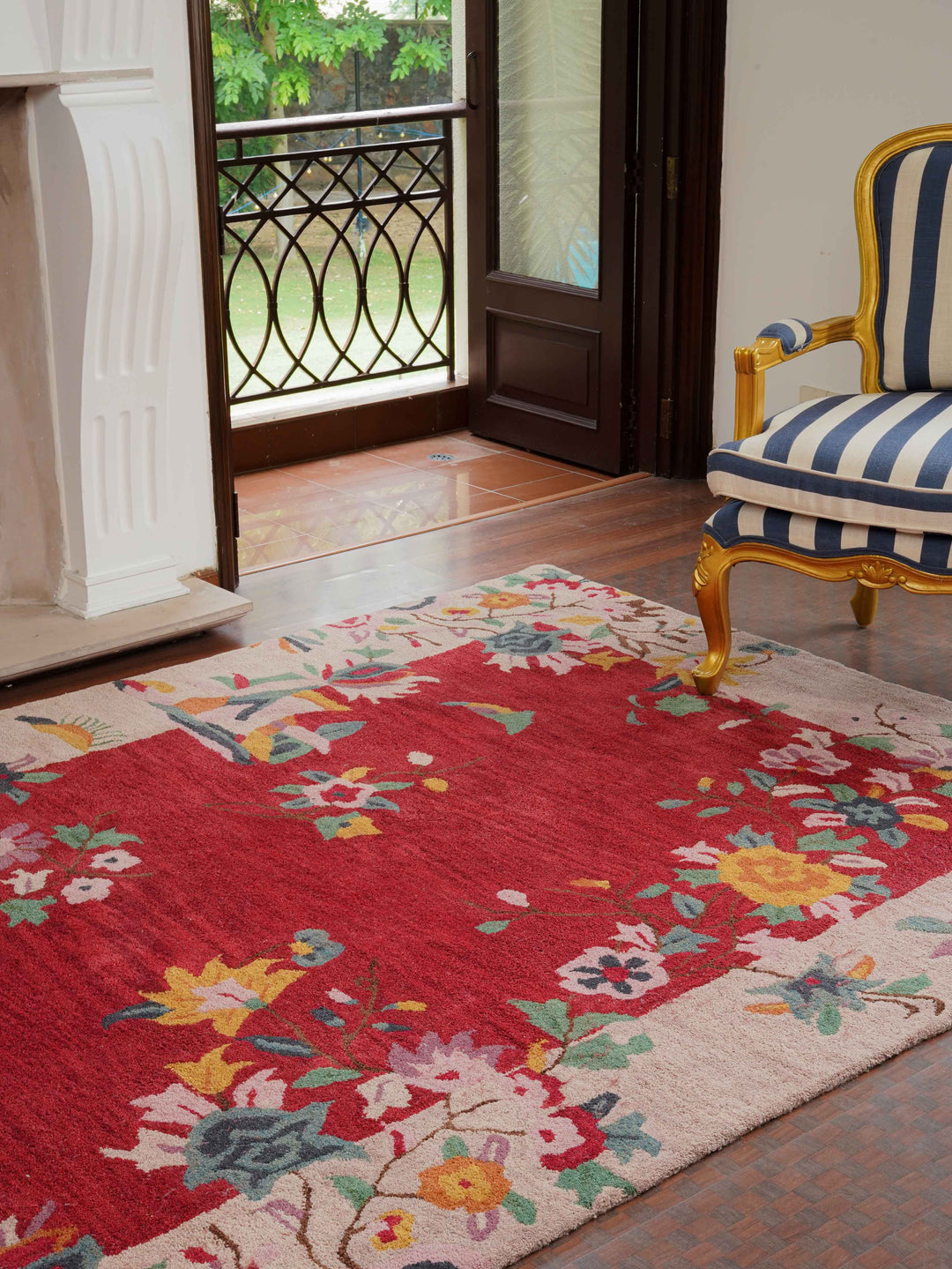 Hand Tufted Wool Area Rug Floral Red Camel K00685