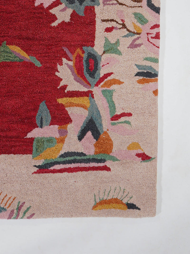 Hand Tufted Wool Area Rug Floral Red Camel K00685
