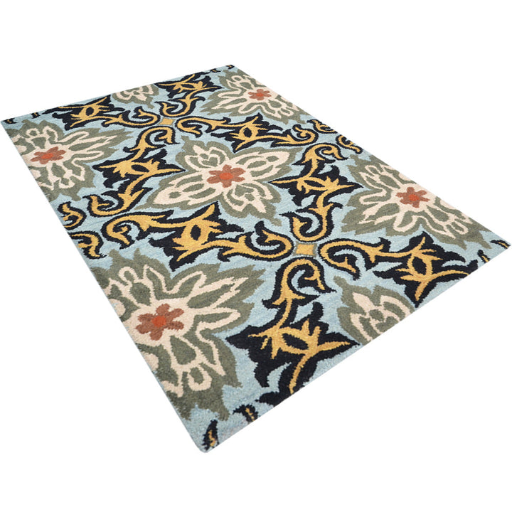 Hand Tufted Wool Area Rug Floral Blue K00722