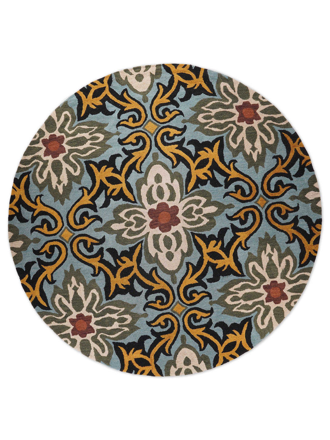 Hand Tufted Wool Area Rug Floral Blue K00722