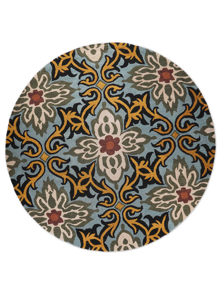 Hand Tufted Wool Area Rug Floral Blue K00722