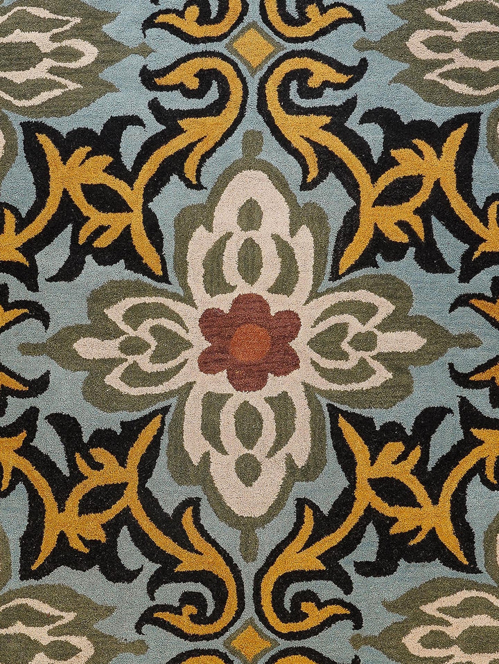 Hand Tufted Wool Area Rug Floral Blue K00722