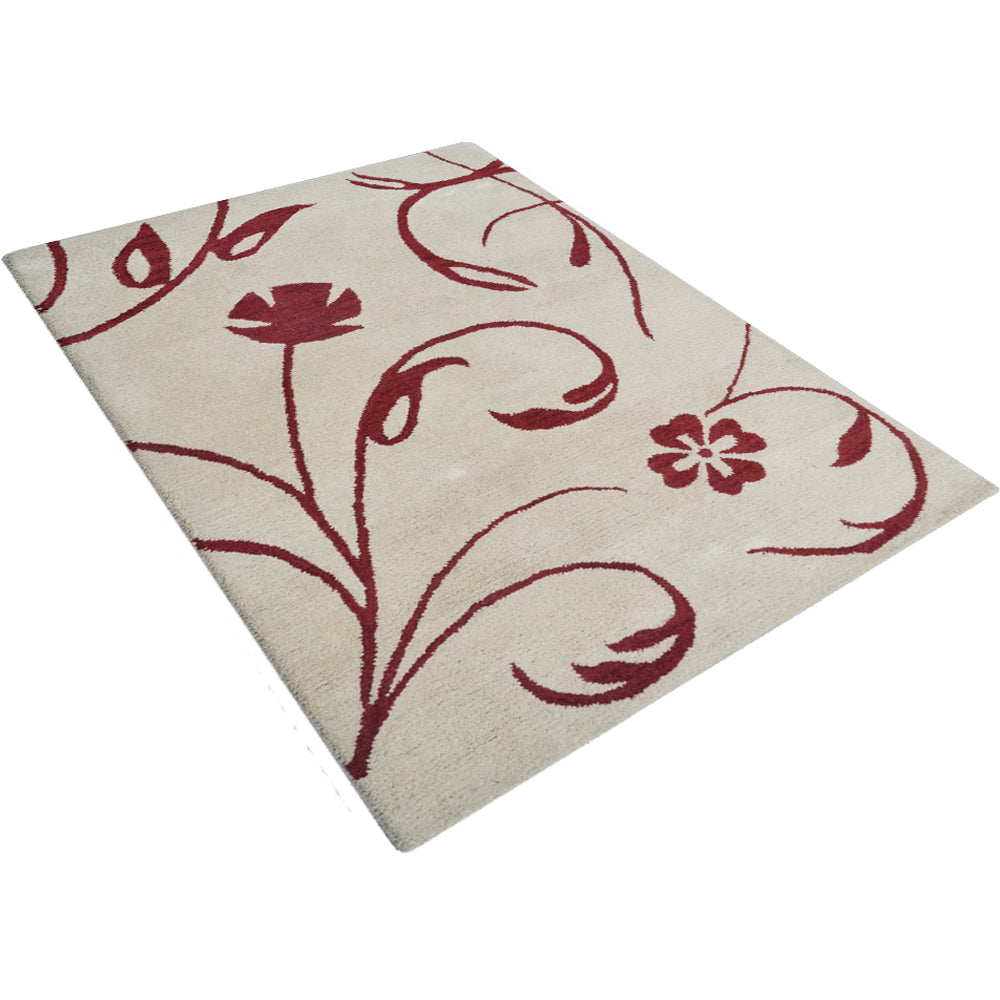 Hand Tufted Wool Area Rug Floral Beige Red K00733
