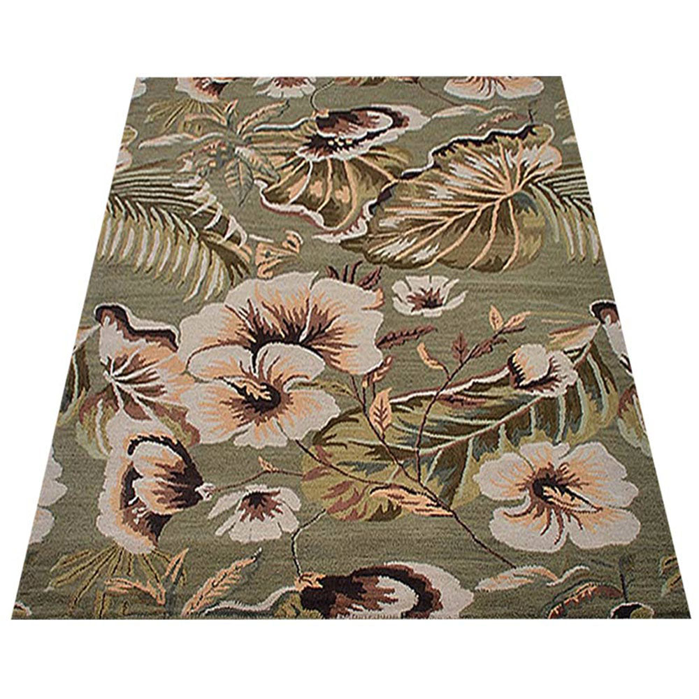 Hand Tufted Wool Area Rug Floral Green K00903