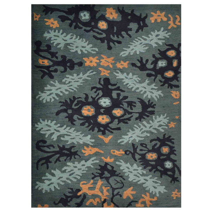 Hand Tufted Wool Area Rug Floral Black Green K00920