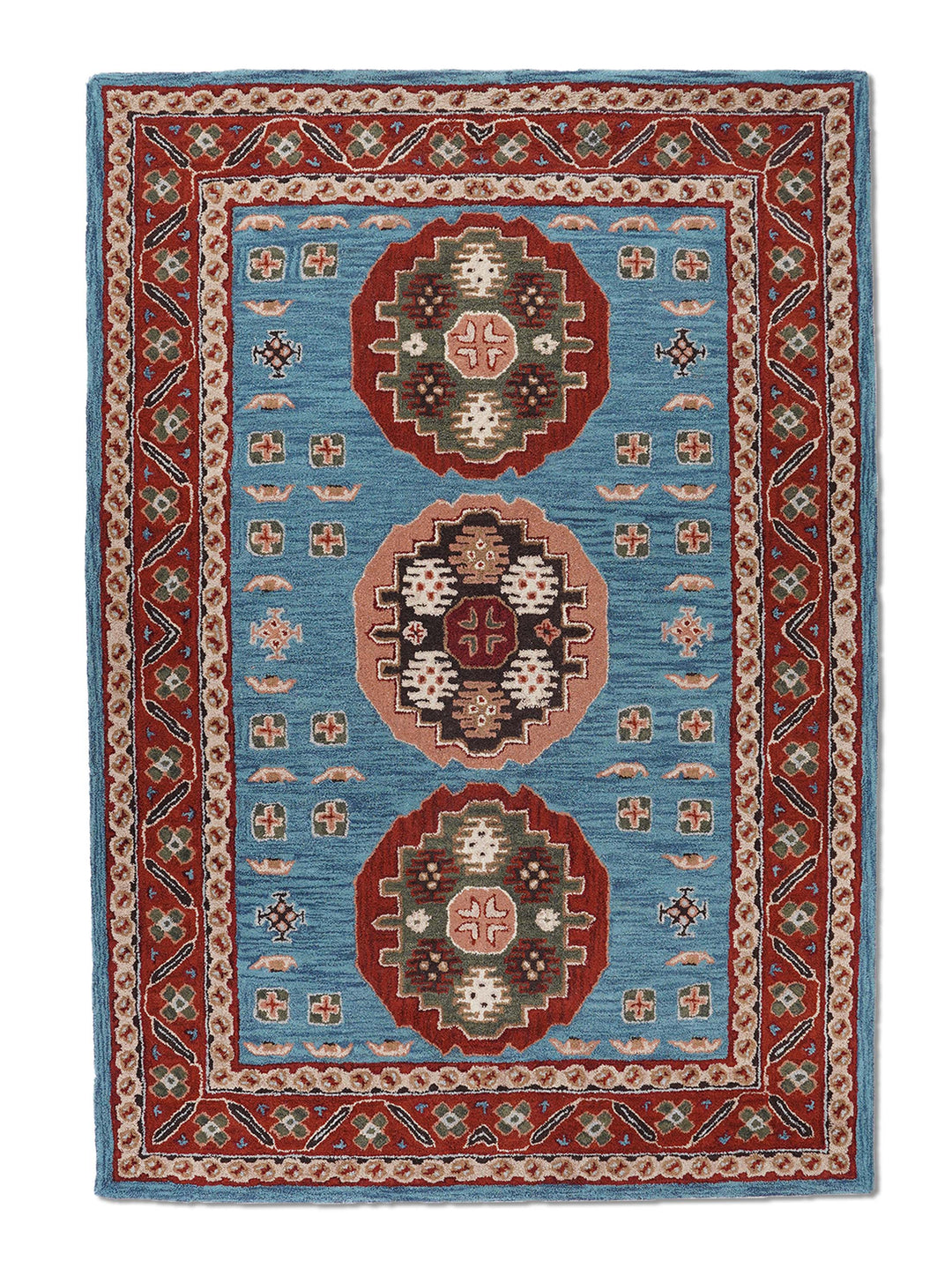 Hand Tufted Wool Area Rug Oriental Light Blue Red K00S15