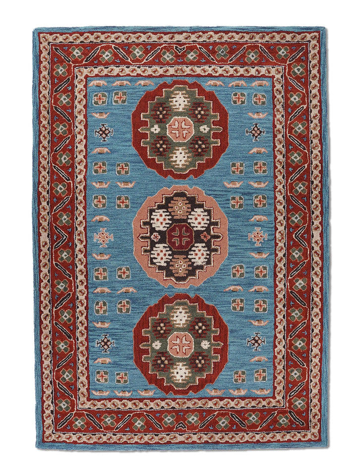 Hand Tufted Wool Area Rug Oriental Light Blue Red K00S15