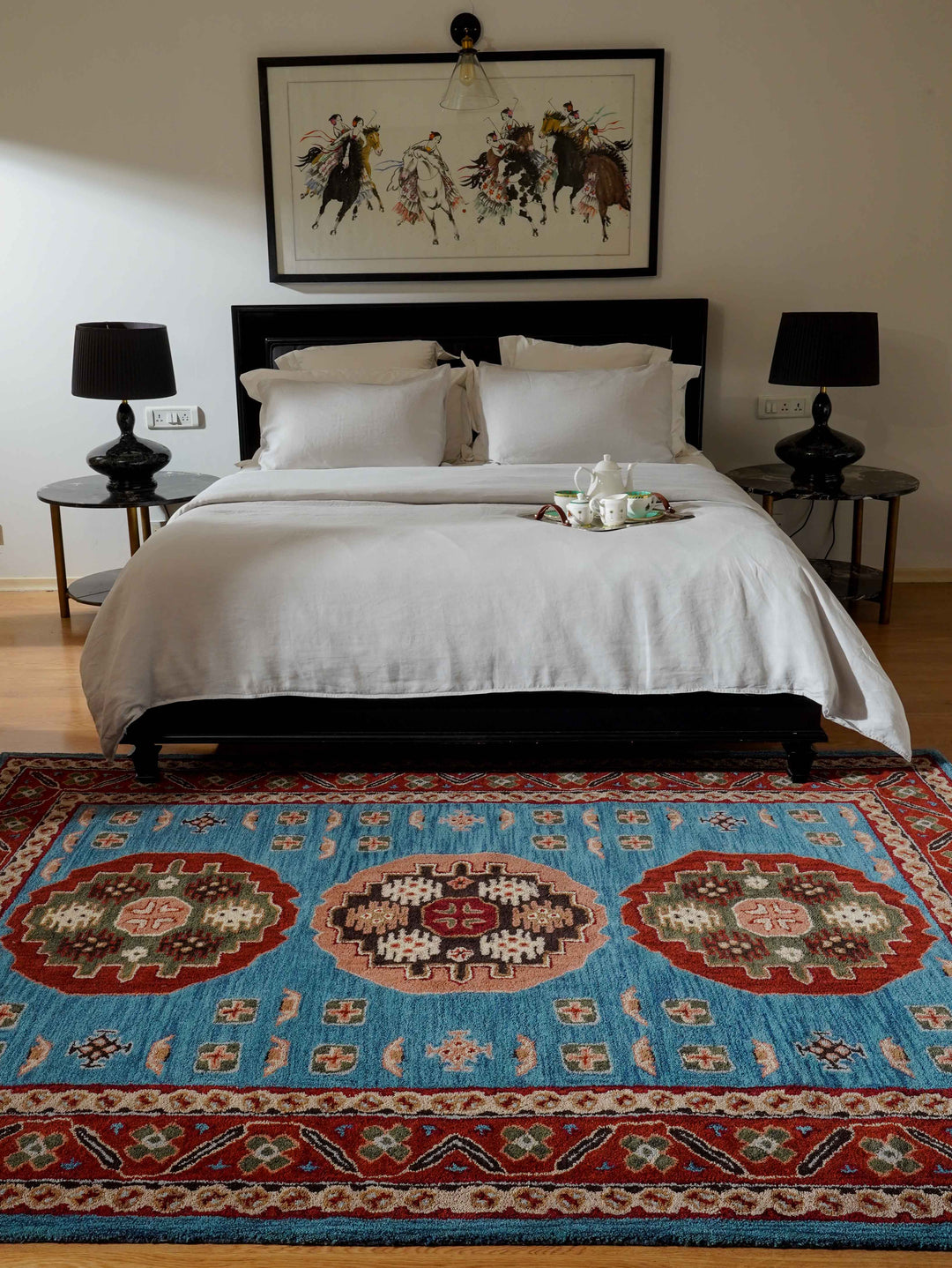 Hand Tufted Wool Area Rug Oriental Light Blue Red K00S15