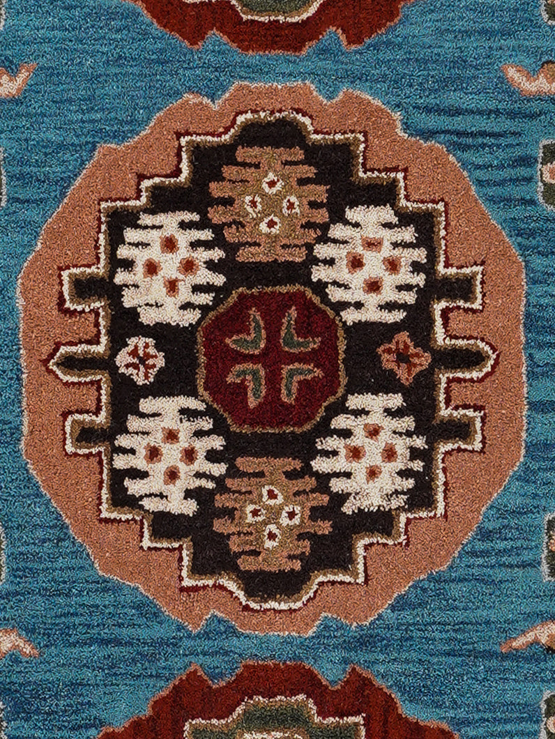 Hand Tufted Wool Area Rug Oriental Light Blue Red K00S15