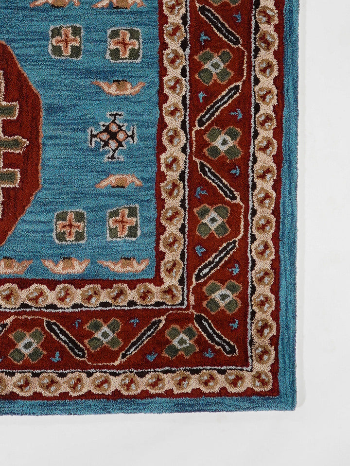 Hand Tufted Wool Area Rug Oriental Light Blue Red K00S15