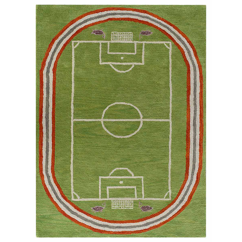Green Hand-Tufted Wool Kids Rug – Soccer Field Design