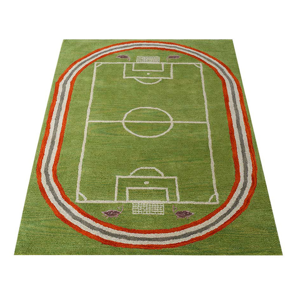 Green Hand-Tufted Wool Kids Rug – Soccer Field Design