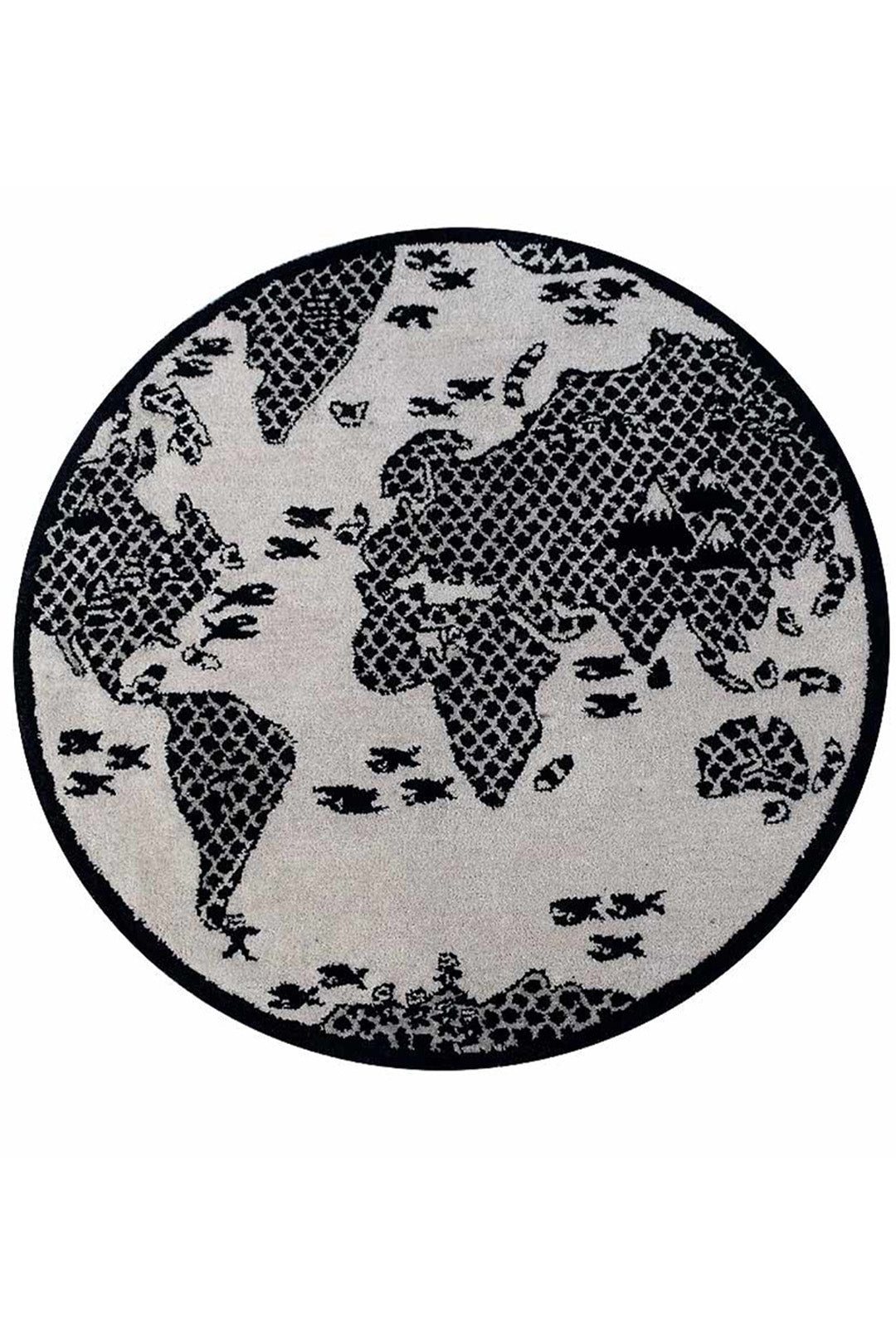 Cream & Black Hand-Tufted Wool Kids Rug – World Map Round Design