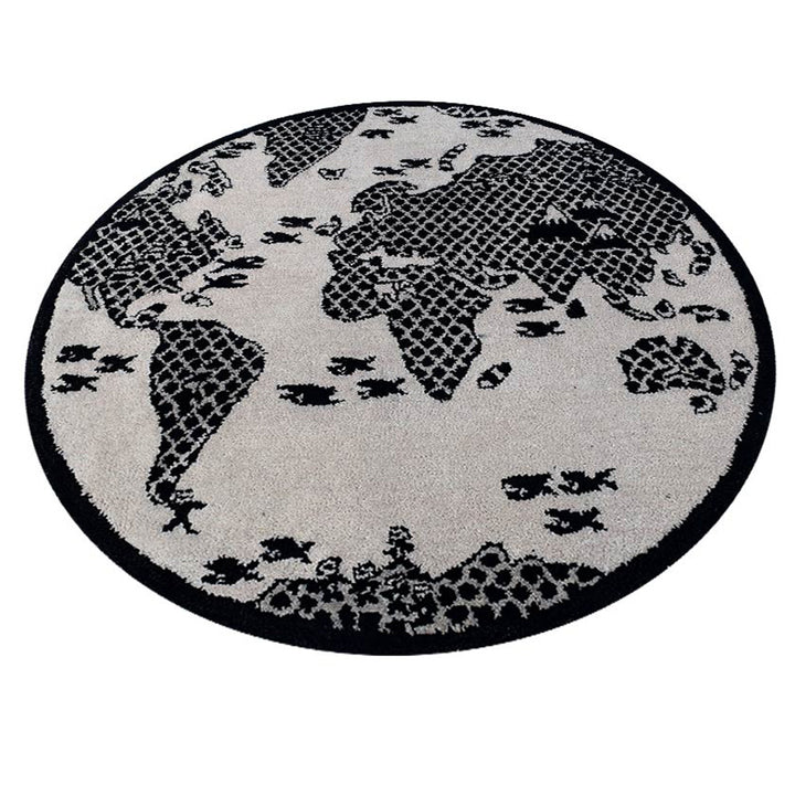 Cream & Black Hand-Tufted Wool Kids Rug – World Map Round Design
