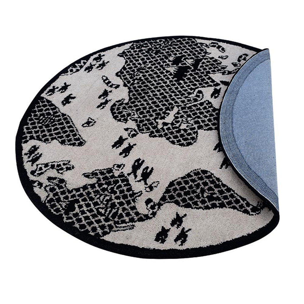 Cream & Black Hand-Tufted Wool Kids Rug – World Map Round Design