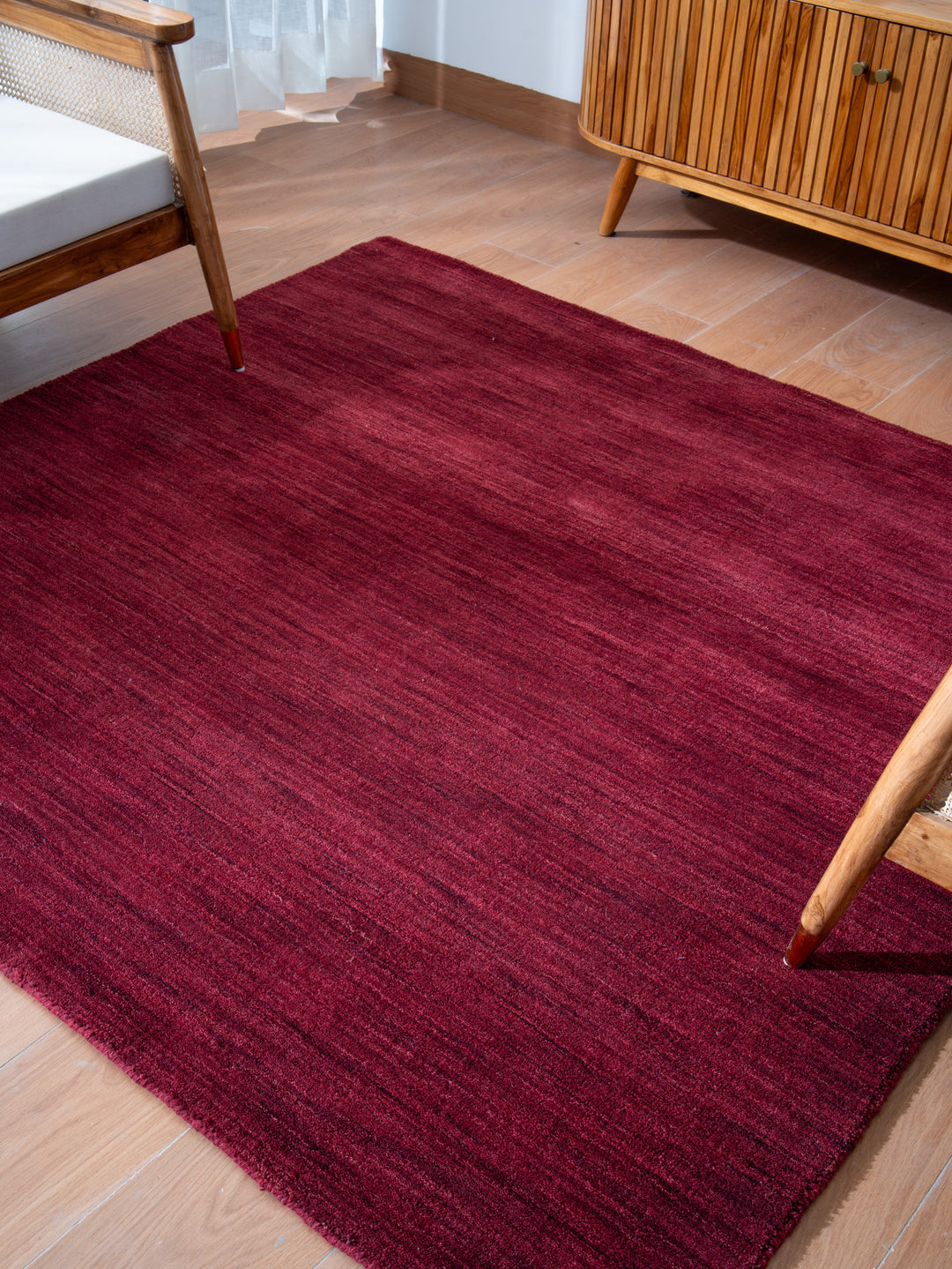 Dark Red Solid Hand-Knotted Wool Rug