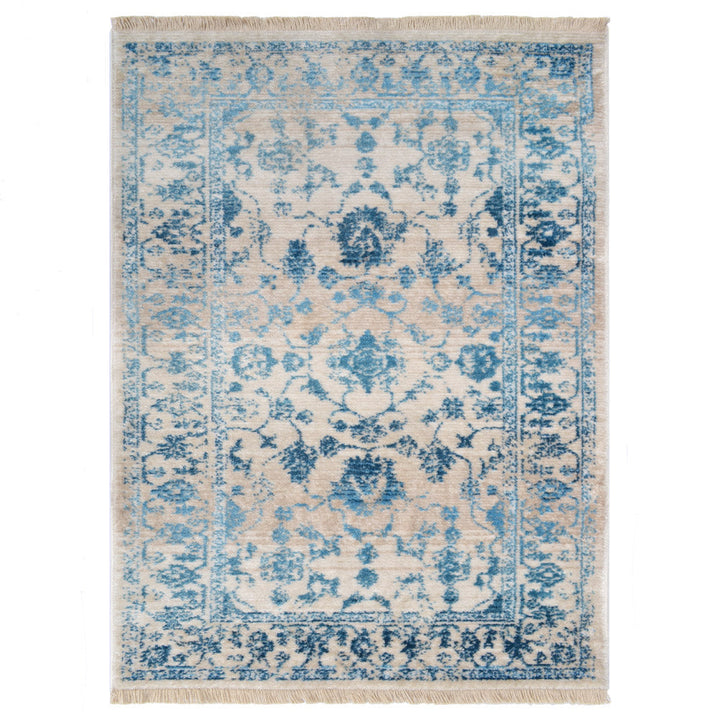 Machine Woven Crossweave Polyester Area Rug Oriental Ivory Blue M00081