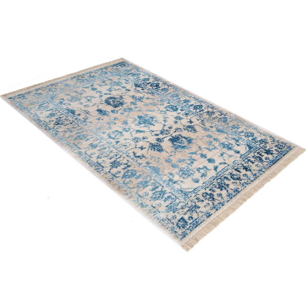 Machine Woven Crossweave Polyester Area Rug Oriental Ivory Blue M00081
