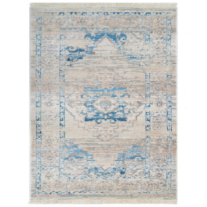 Machine Woven Crossweave Polyester Area Rug Oriental Ivory Blue M00085
