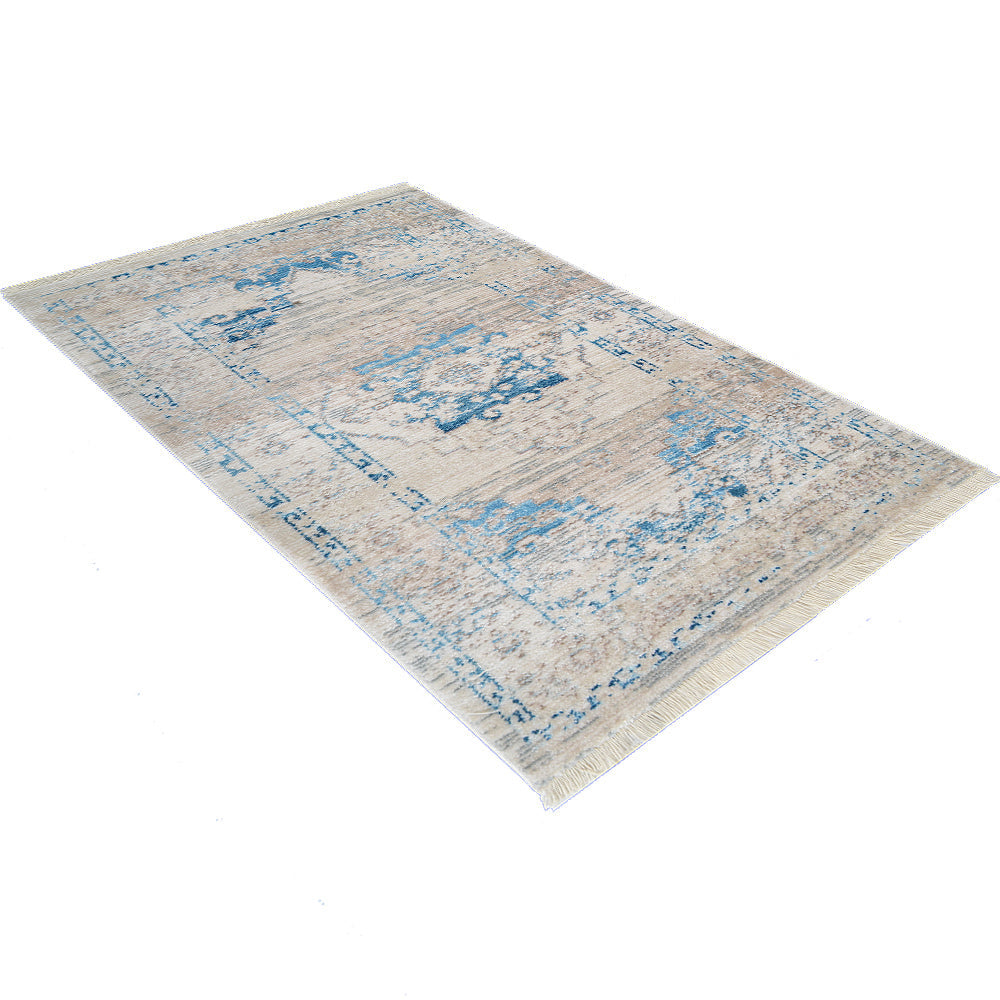 Machine Woven Crossweave Polyester Area Rug Oriental Ivory Blue M00085