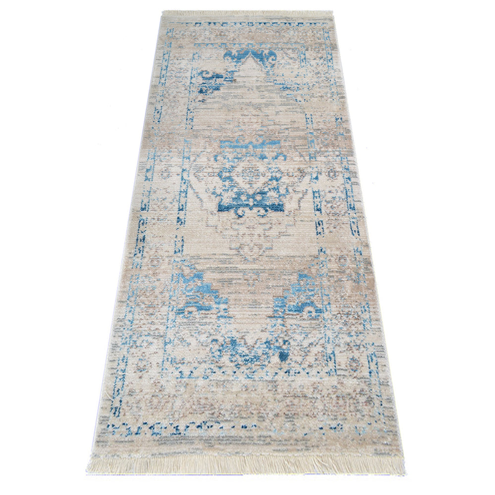 Machine Woven Crossweave Polyester Area Rug Oriental Ivory Blue M00085