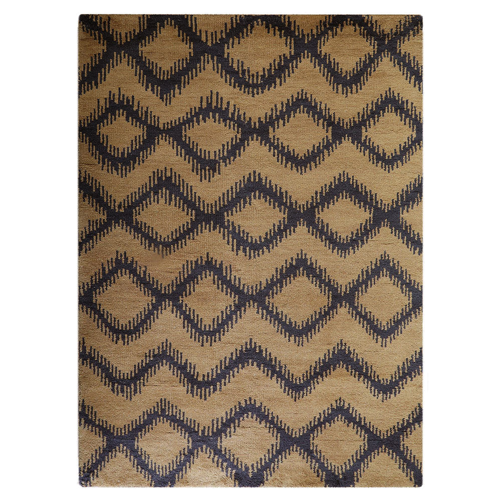 Hand Knotted Wool Area Rug Geometric Gold Charcoal N00165