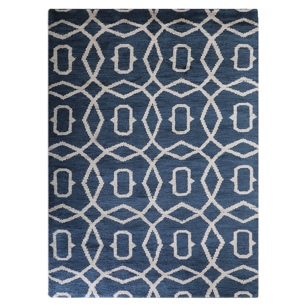 Hand Knotted Wool Area Rug Geometric Blue Beige N00533