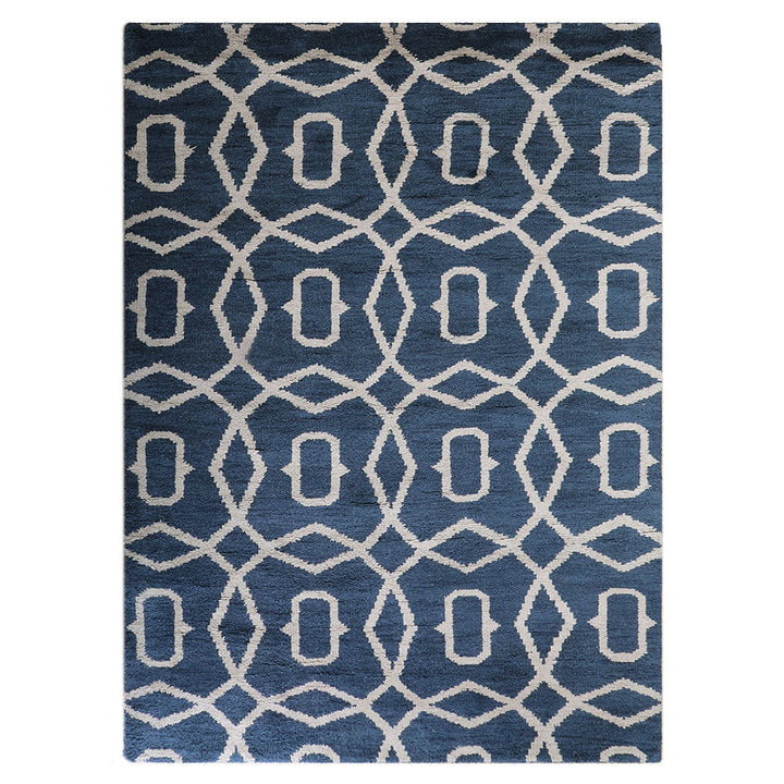 Hand Knotted Wool Area Rug Geometric Blue Beige N00533