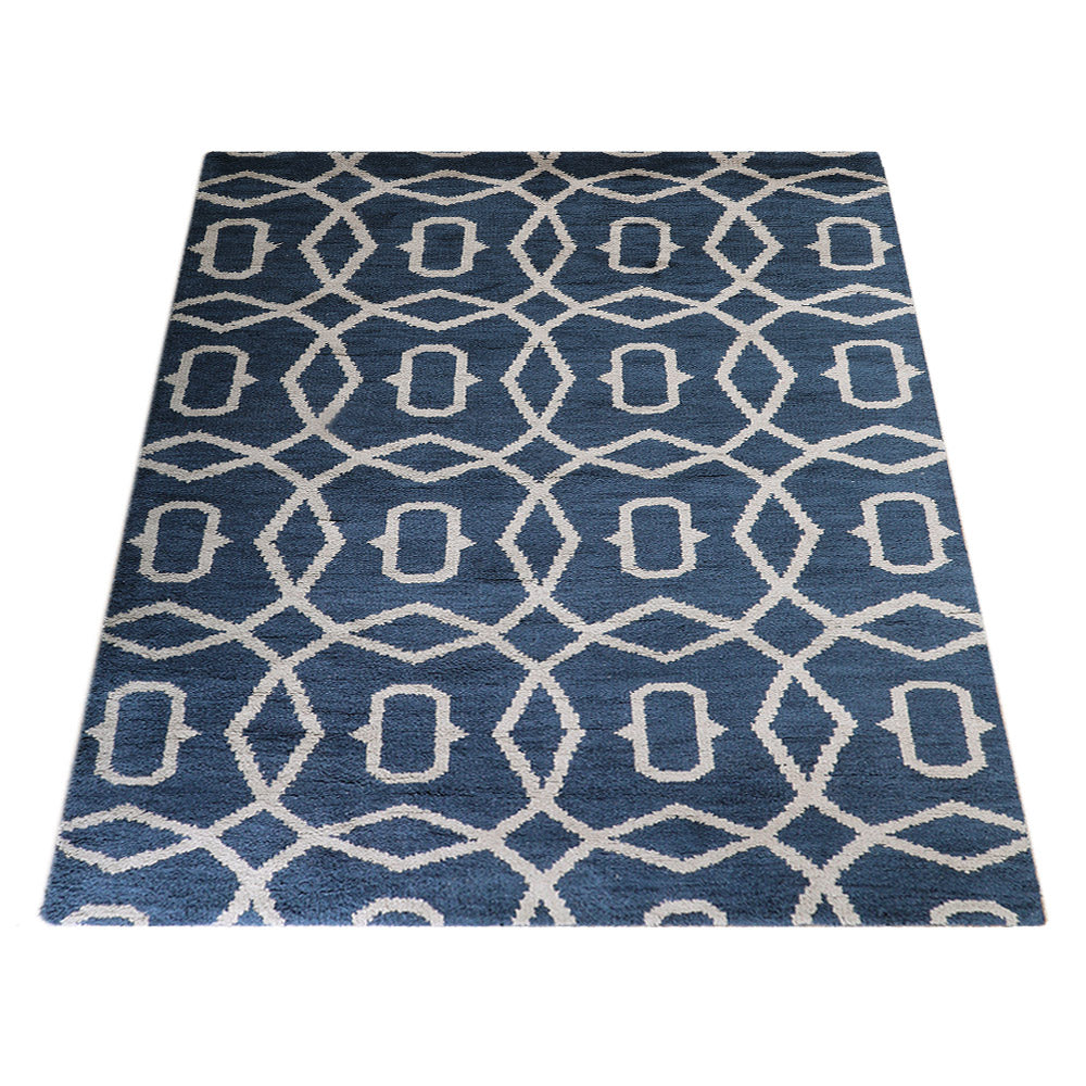 Hand Knotted Wool Area Rug Geometric Blue Beige N00533