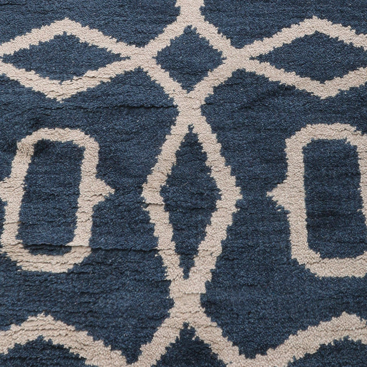 Hand Knotted Wool Area Rug Geometric Blue Beige N00533
