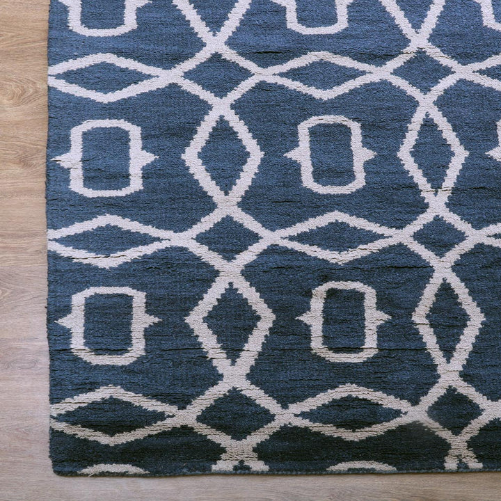 Hand Knotted Wool Area Rug Geometric Blue Beige N00533