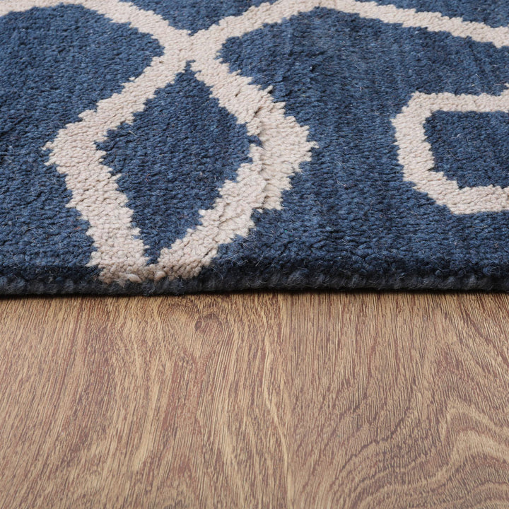 Hand Knotted Wool Area Rug Geometric Blue Beige N00533