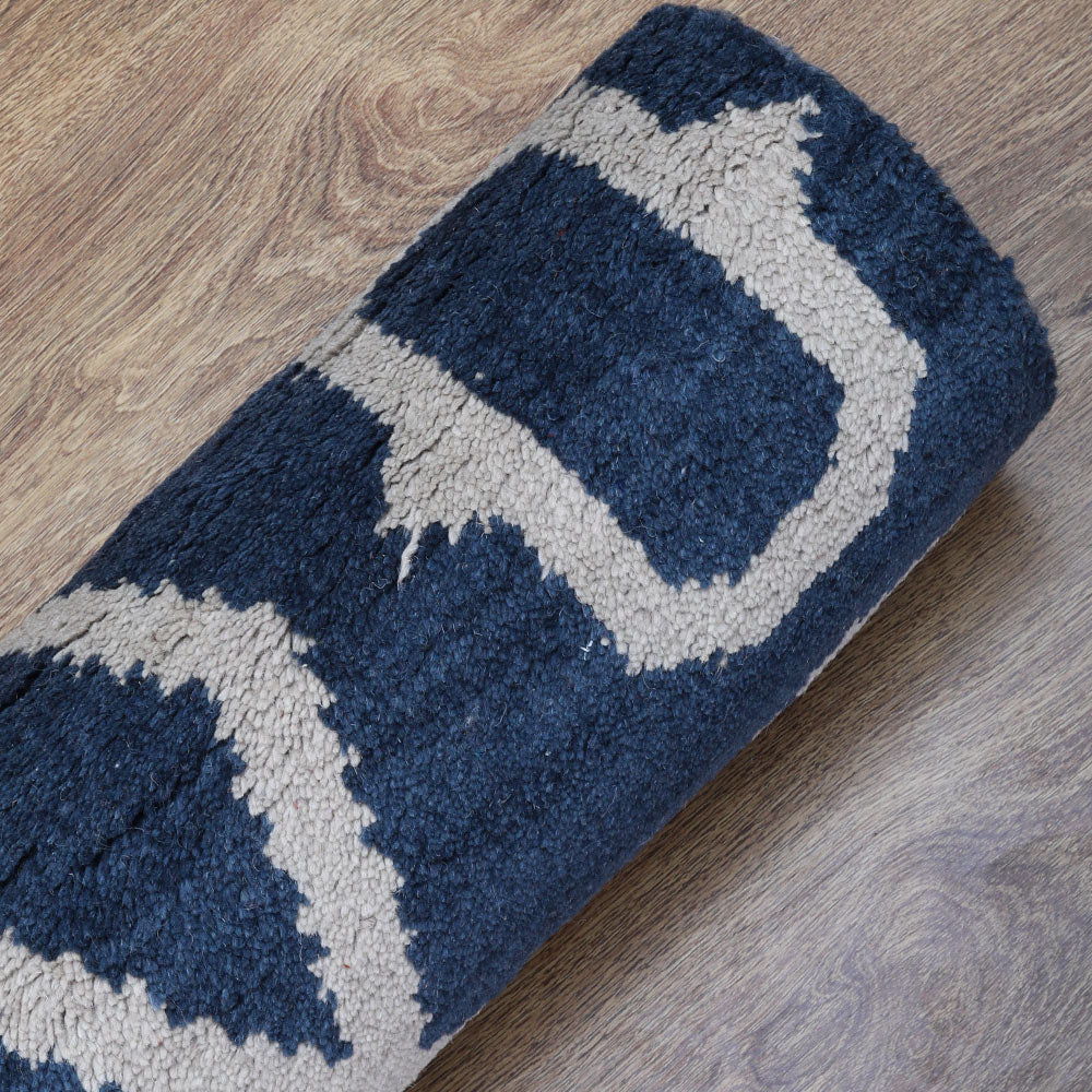 Hand Knotted Wool Area Rug Geometric Blue Beige N00533