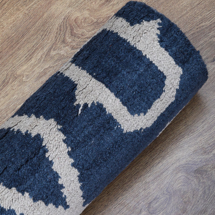 Hand Knotted Wool Area Rug Geometric Blue Beige N00533