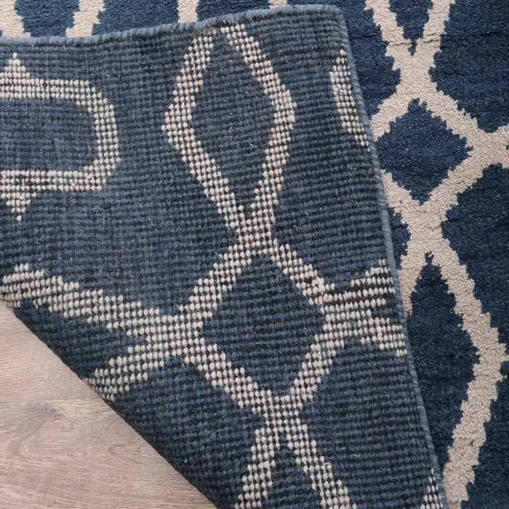 Hand Knotted Wool Area Rug Geometric Blue Beige N00533