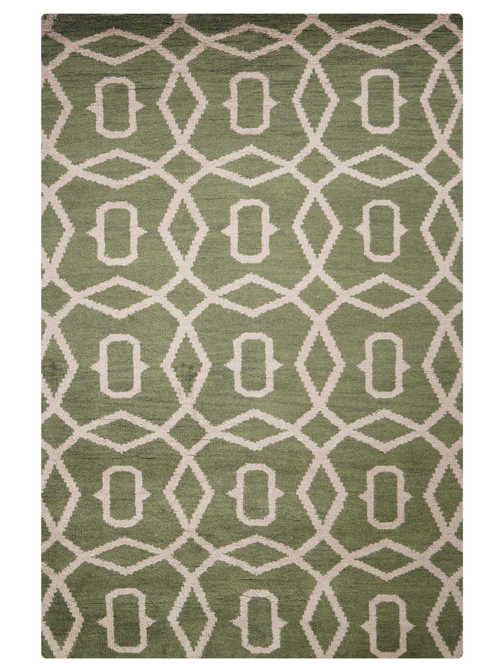 Hand Knotted Wool Area Rug Geometric Blue Beige N00533