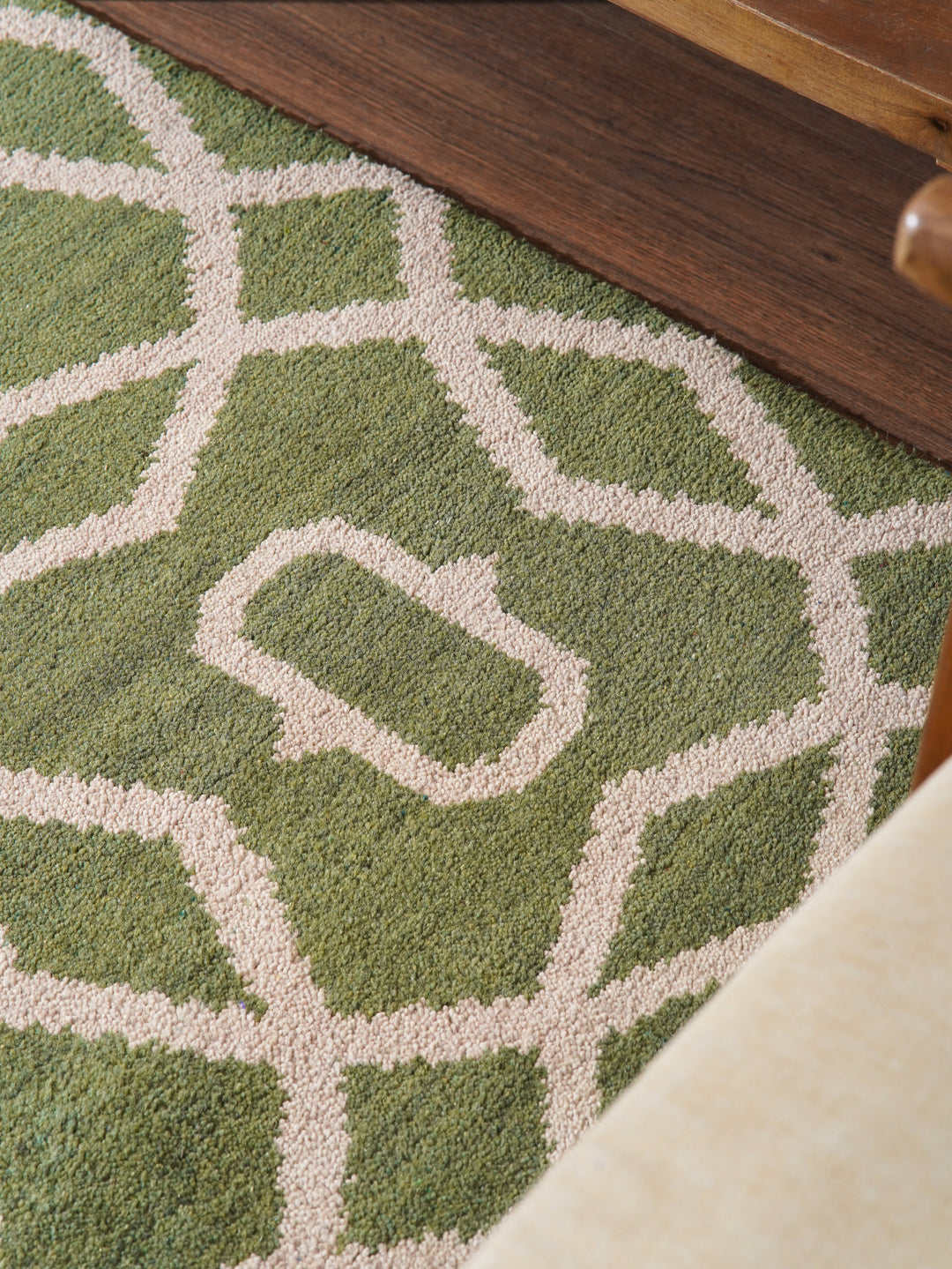 Hand Knotted Wool Area Rug Geometric Blue Beige N00533