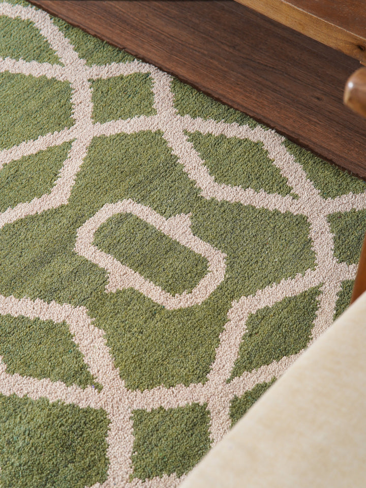 Hand Knotted Wool Area Rug Geometric Blue Beige N00533