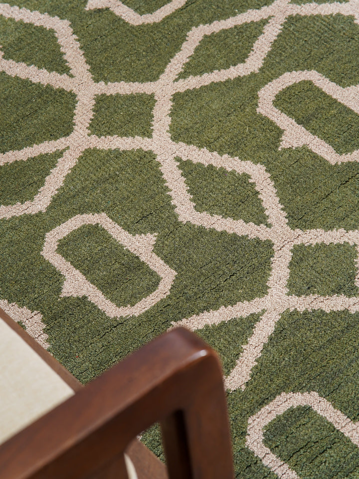 Hand Knotted Wool Area Rug Geometric Blue Beige N00533