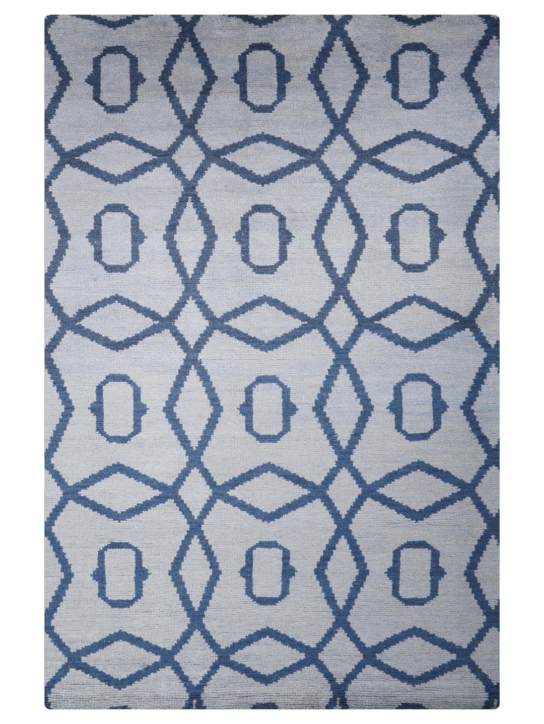 Hand Knotted Wool Area Rug Geometric Blue Beige N00533