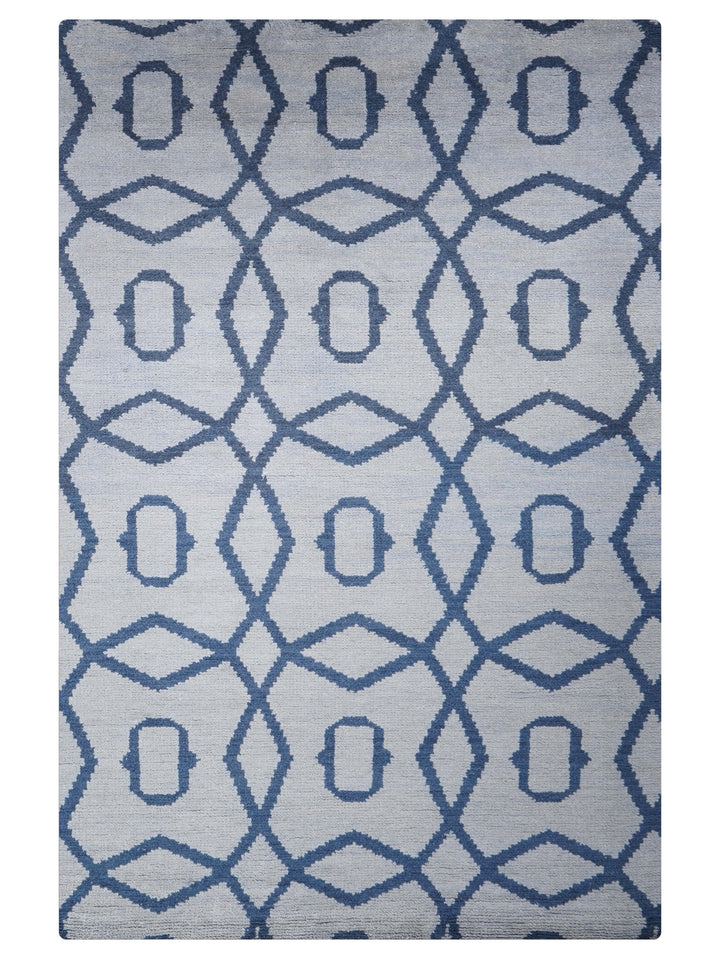 Hand Knotted Wool Area Rug Geometric Blue Beige N00533