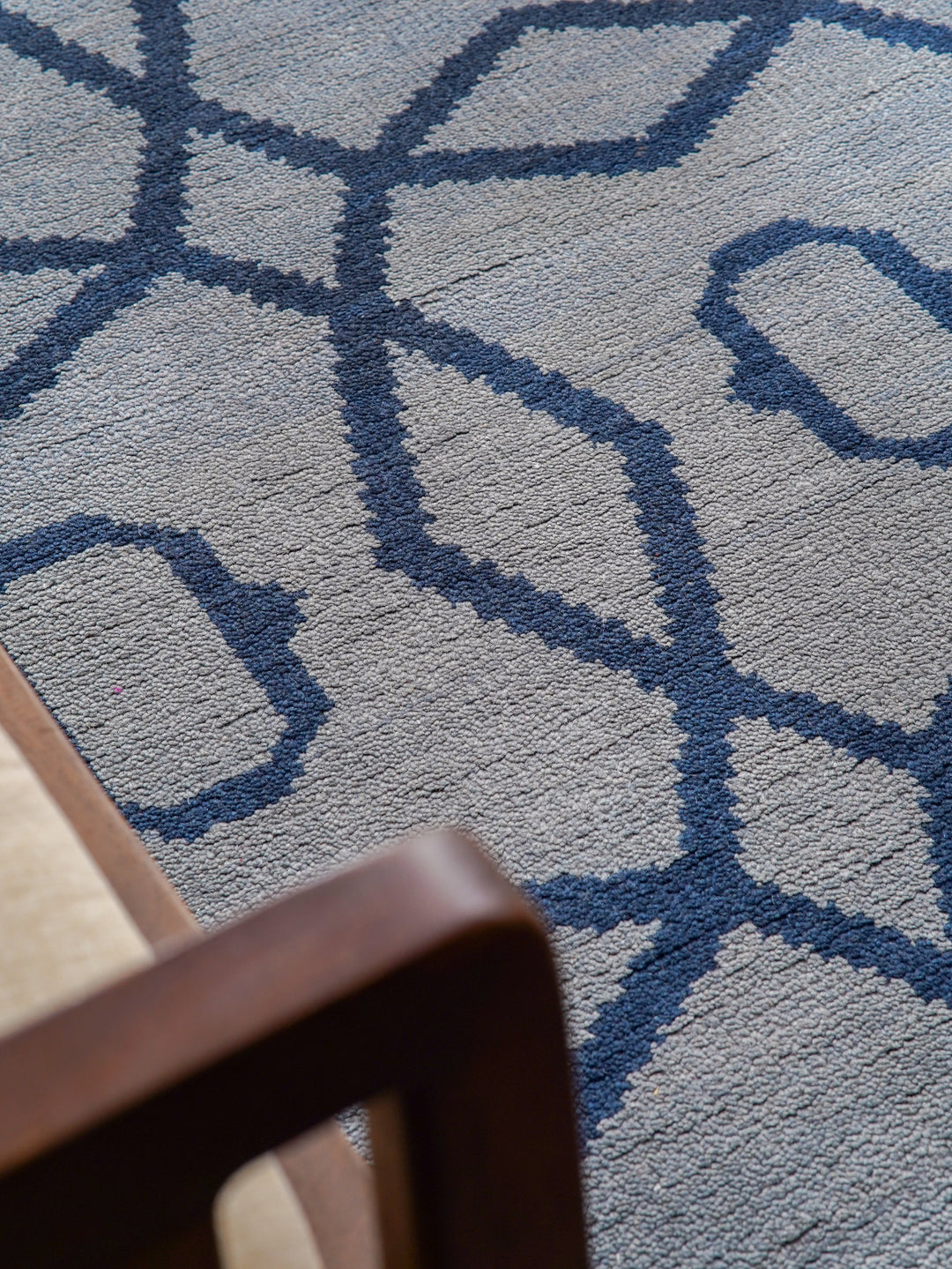 Hand Knotted Wool Area Rug Geometric Blue Beige N00533